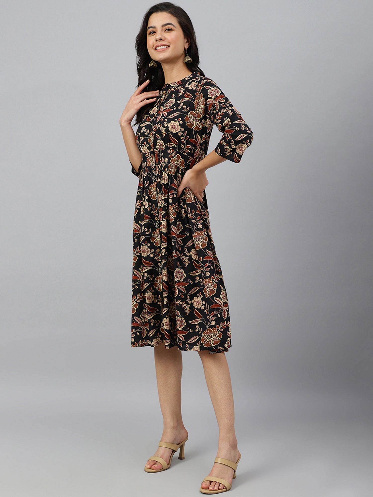 Black Cotton Floral Print Flared Western Dress