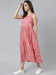 Pink Cotton Floral Print Flared Western Dress