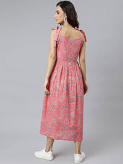 Pink Cotton Floral Print Flared Western Dress