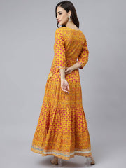 Mustard Cotton Floral Print Flared Dress