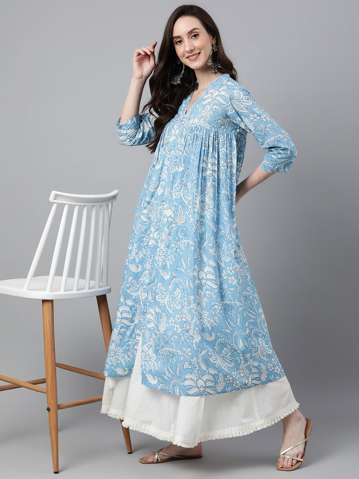 Sky Blue Cotton Floral Print Flared Kurta