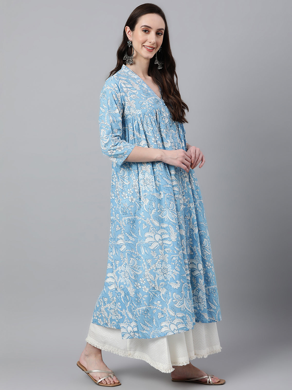 Sky Blue Cotton Floral Print Flared Kurta