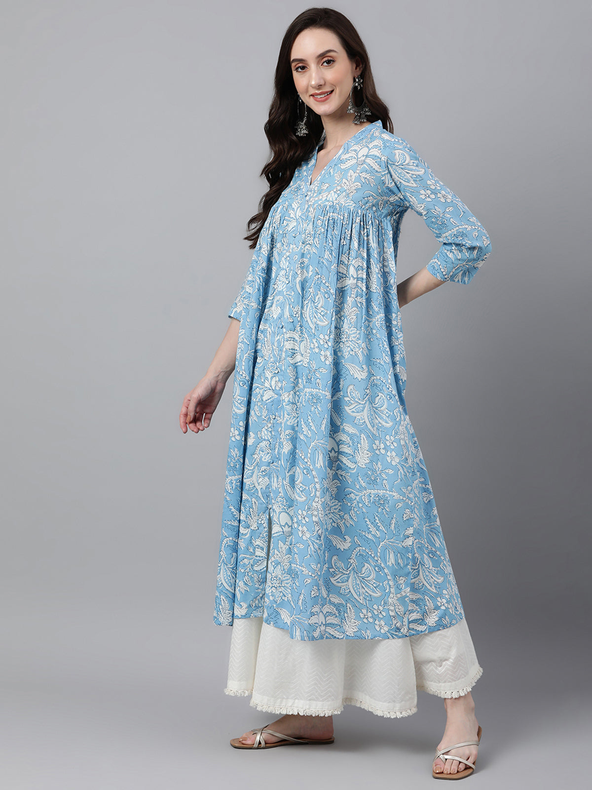 Sky Blue Cotton Floral Print Flared Kurta