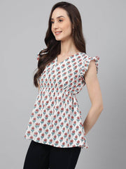 White Cotton Floral Print Flared Top
