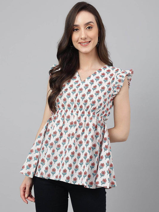 White Cotton Floral Print Flared Top