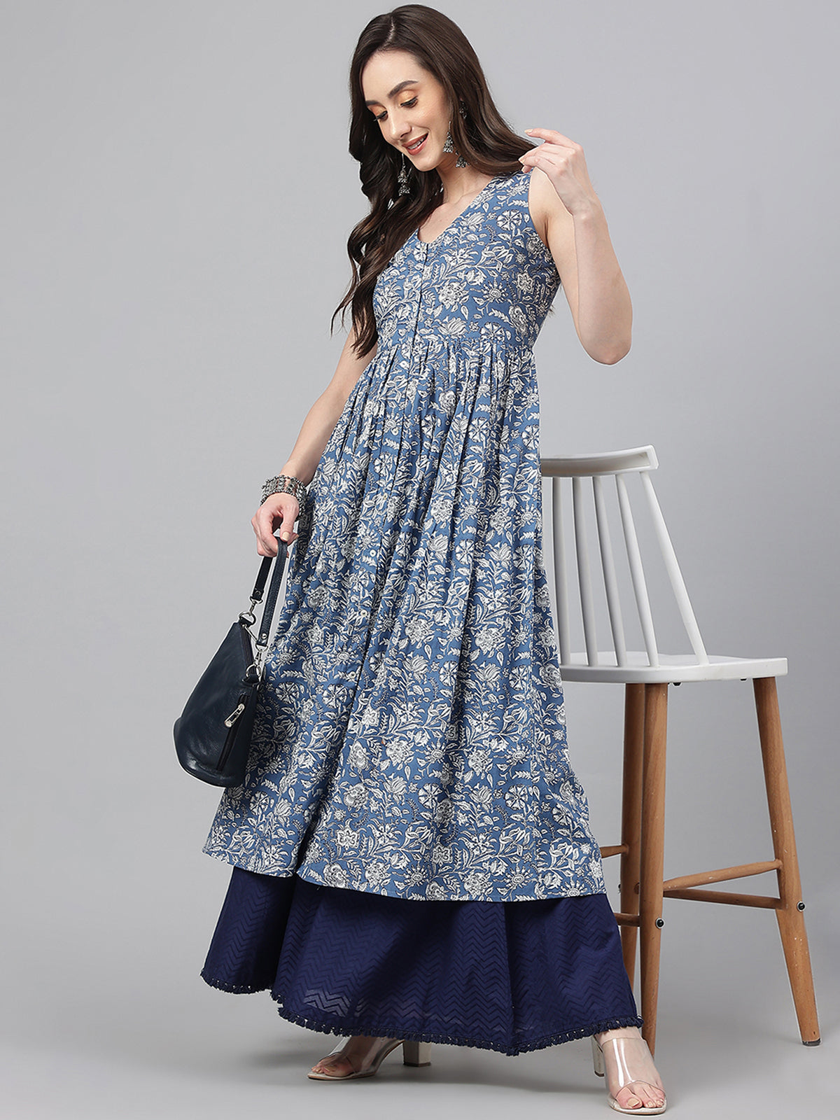 Blue Cotton Floral Print Flared Kurta