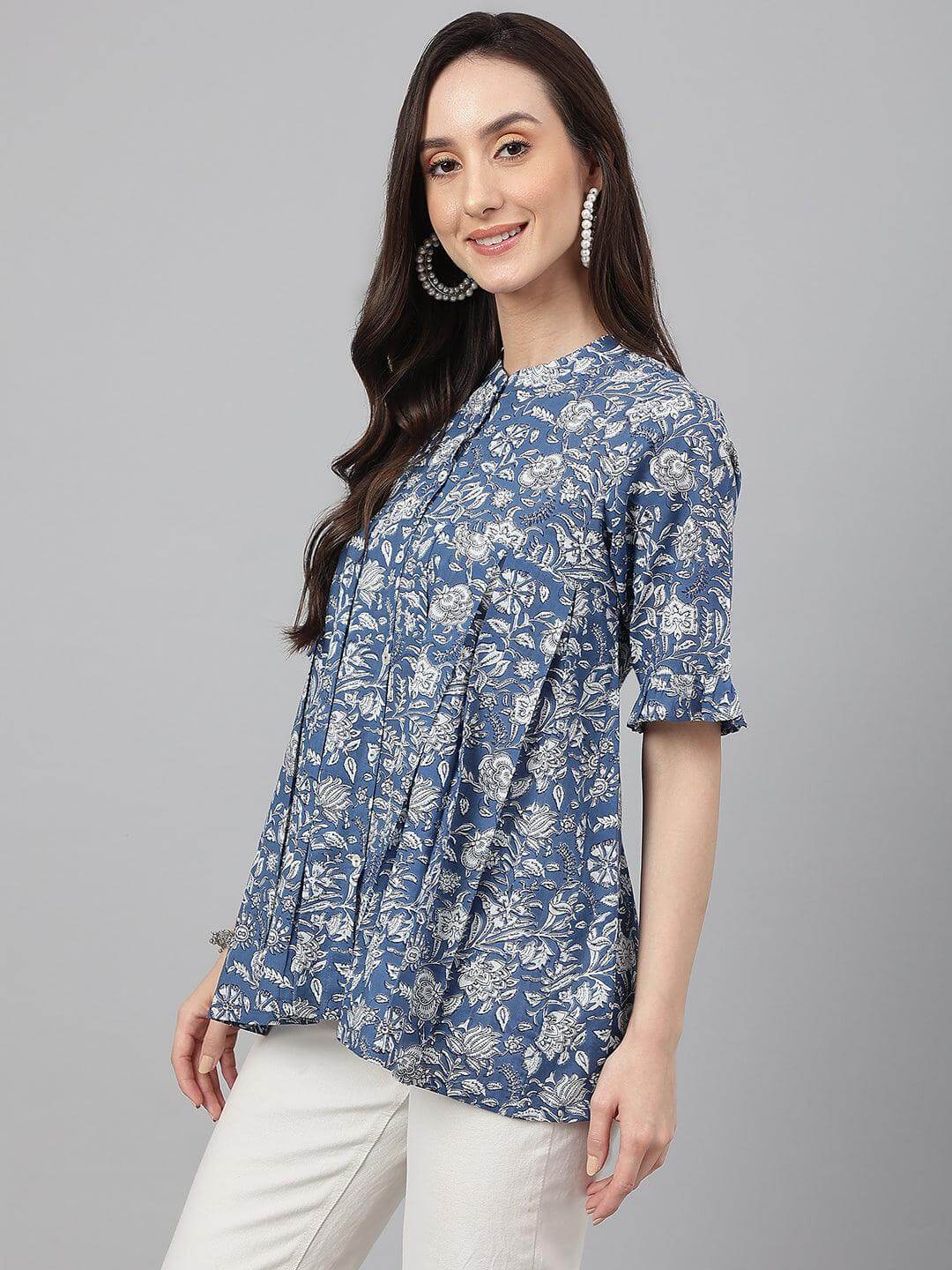 Ink Blue Cotton Floral Print Flared Top