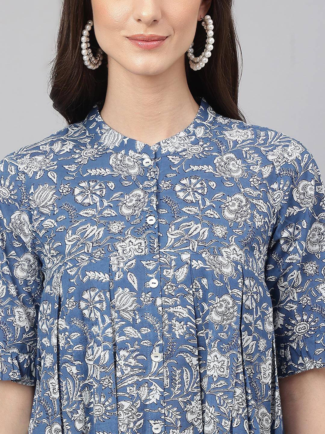 Ink Blue Cotton Floral Print Flared Top