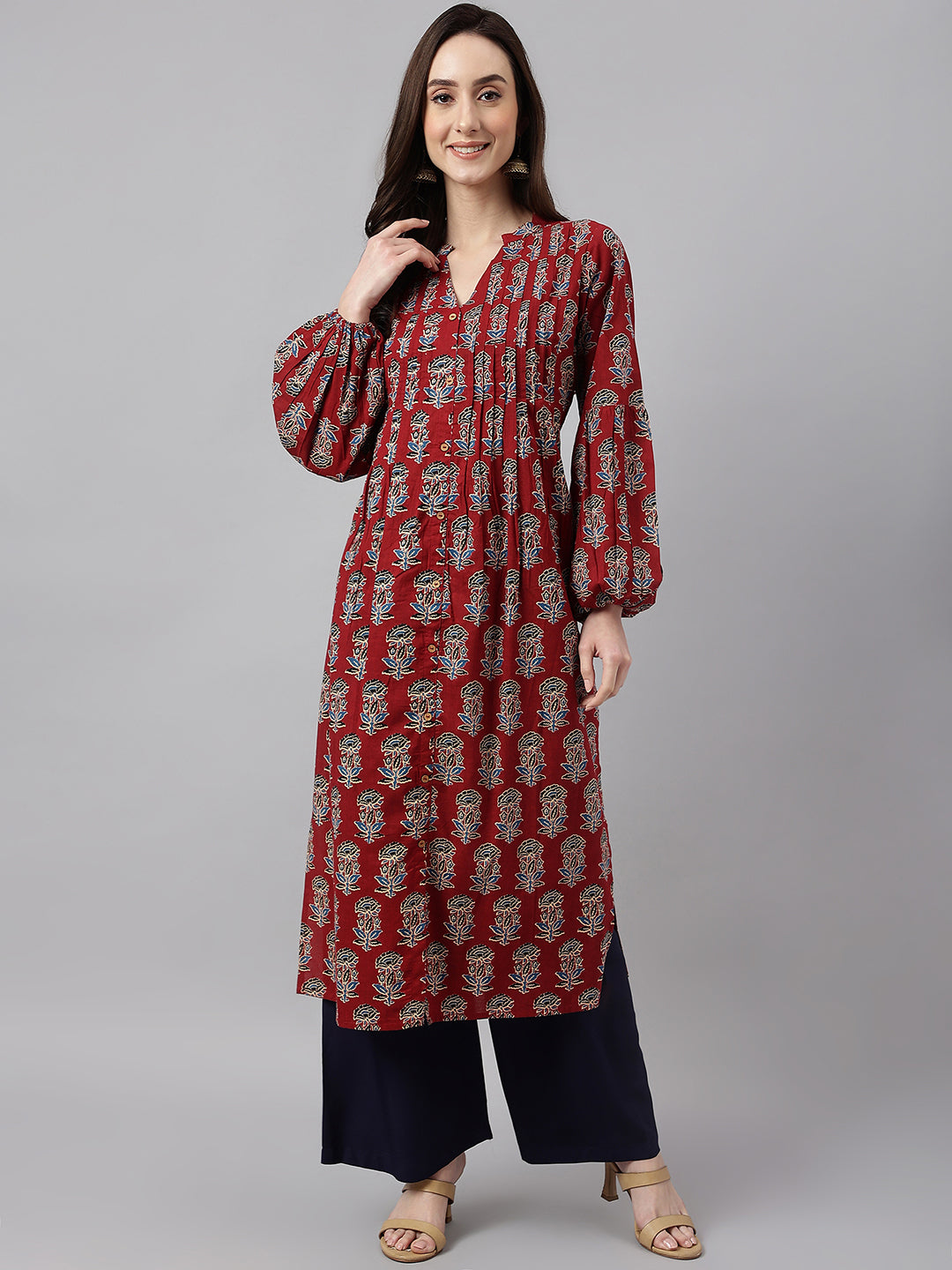 Maroon Cotton Floral Print Flared Kurta