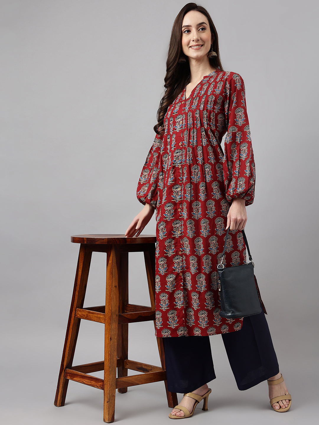 Maroon Cotton Floral Print Flared Kurta