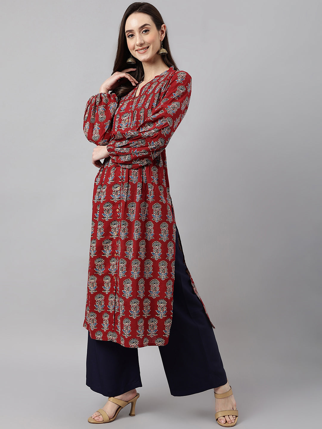 Maroon Cotton Floral Print Flared Kurta