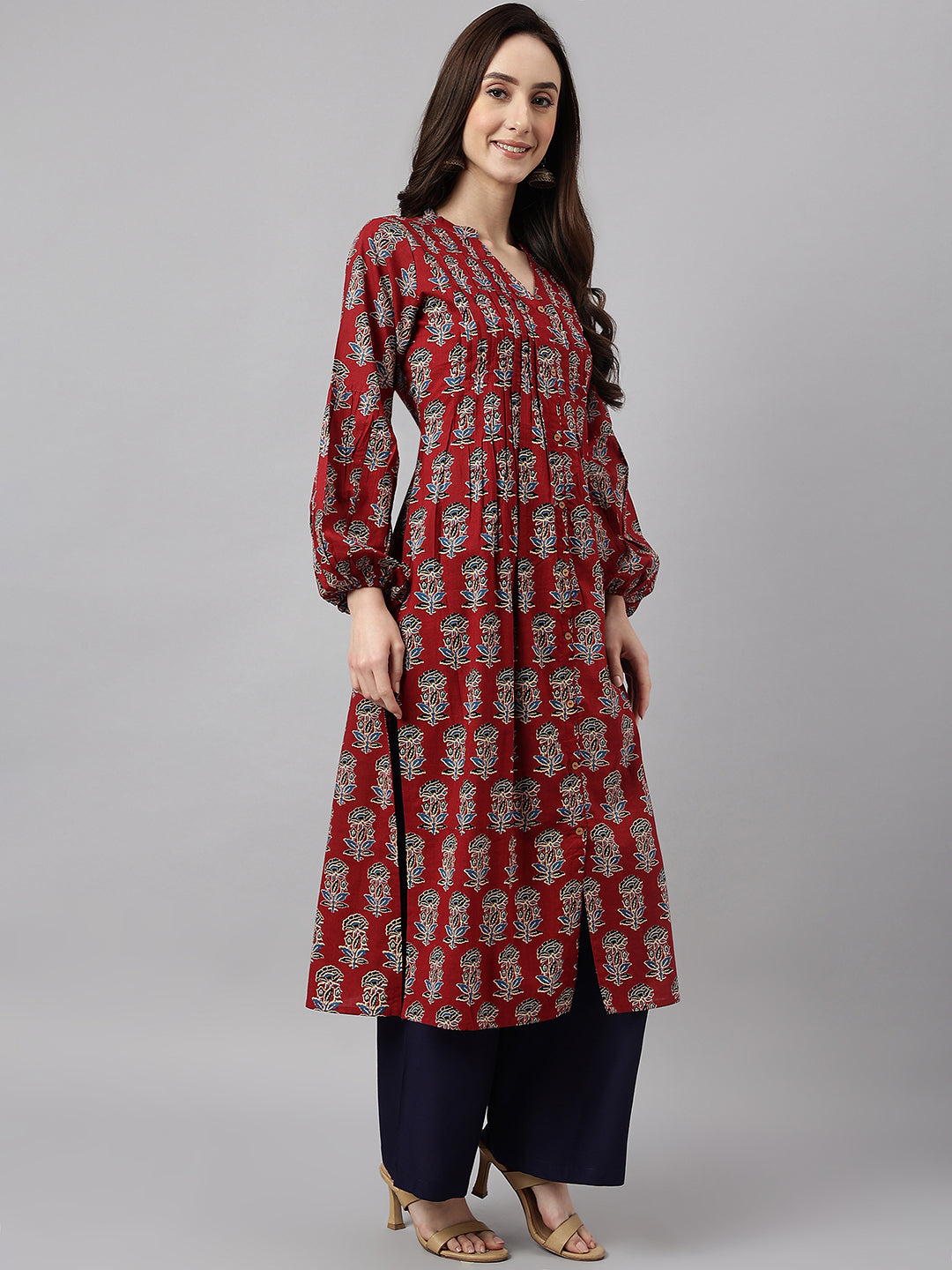 Maroon Cotton Floral Print Flared Kurta