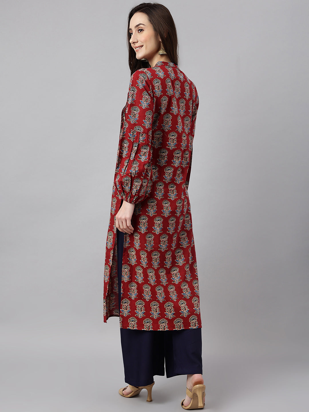 Maroon Cotton Floral Print Flared Kurta