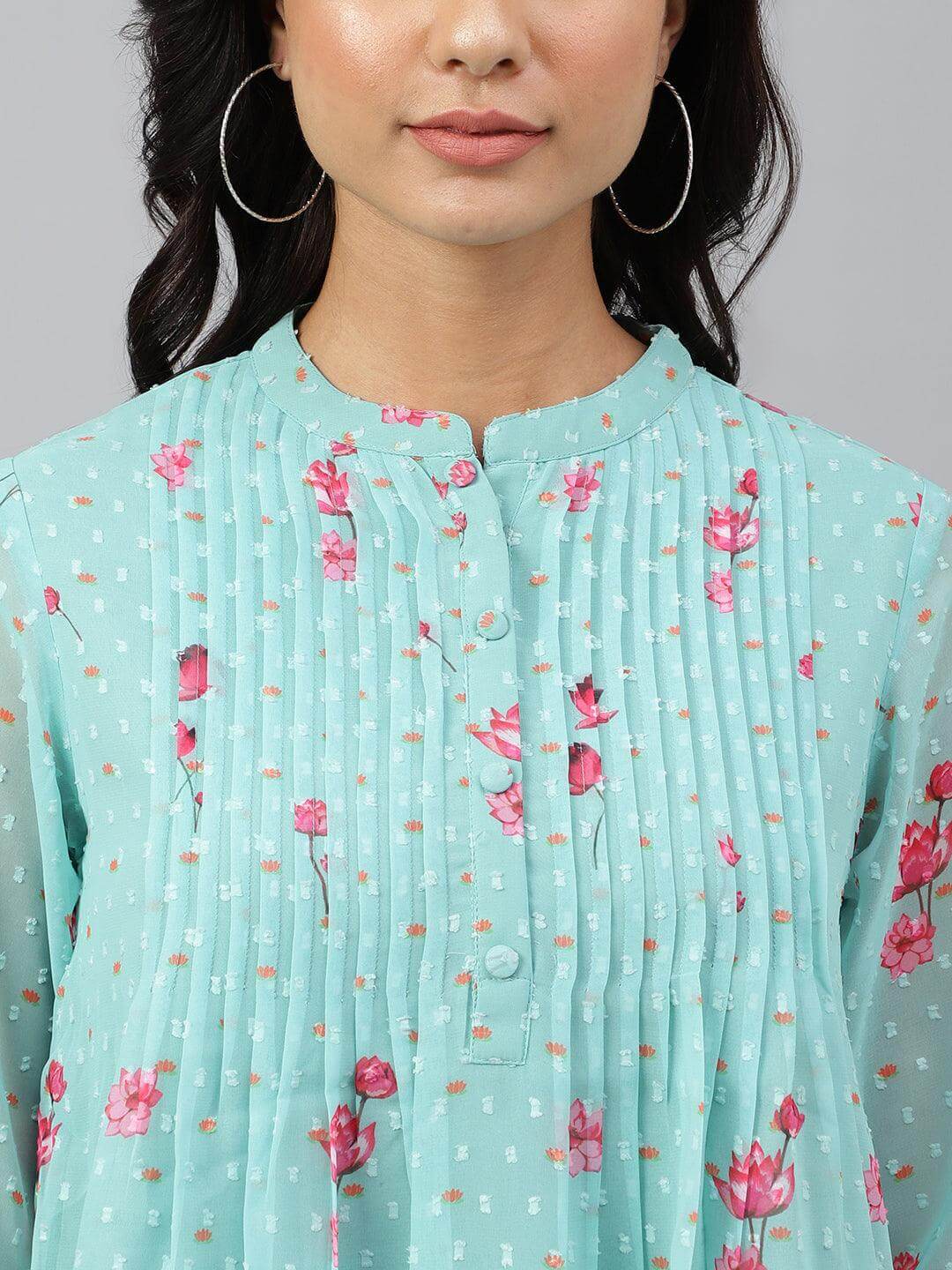 Sea Green Dobby Georgette Floral Print Flared Top