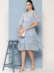 Sky Blue Dobby Georgette Digital Print Flared Western Dress