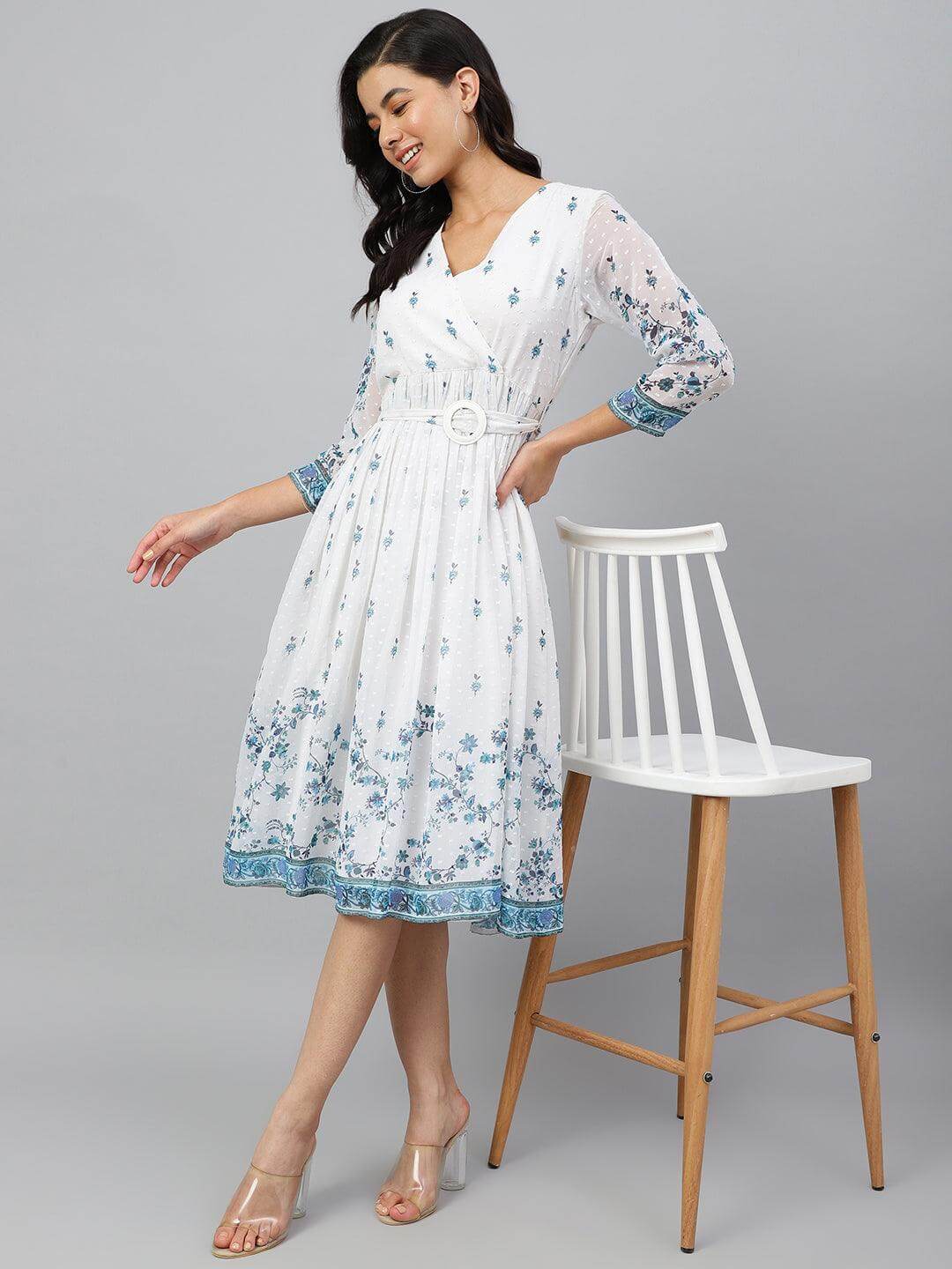 White Georgette Digital Print Flared Western Dress