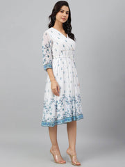 White Georgette Digital Print Flared Western Dress