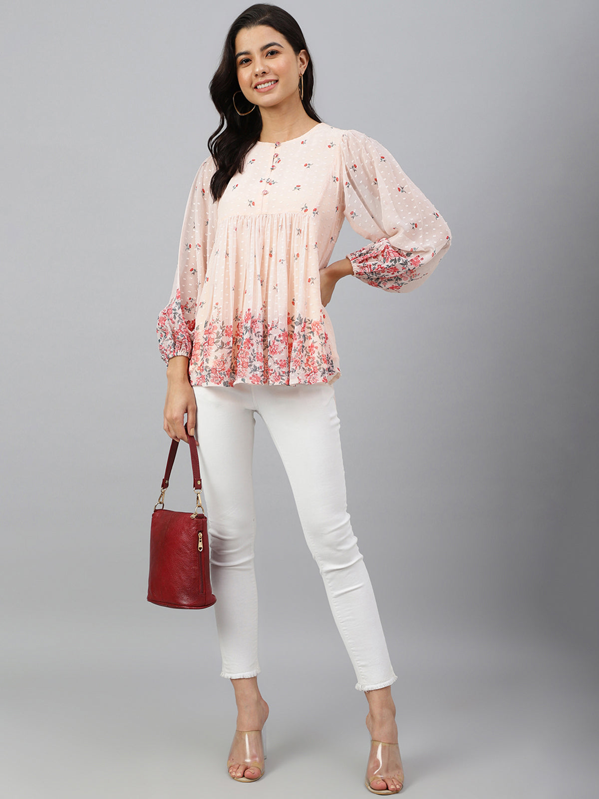 Peach Georgette Floral Print Flared Top