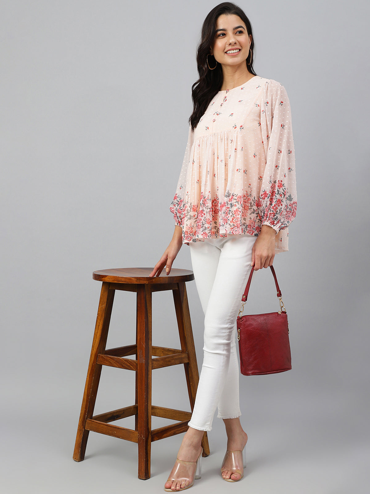 Peach Georgette Floral Print Flared Top