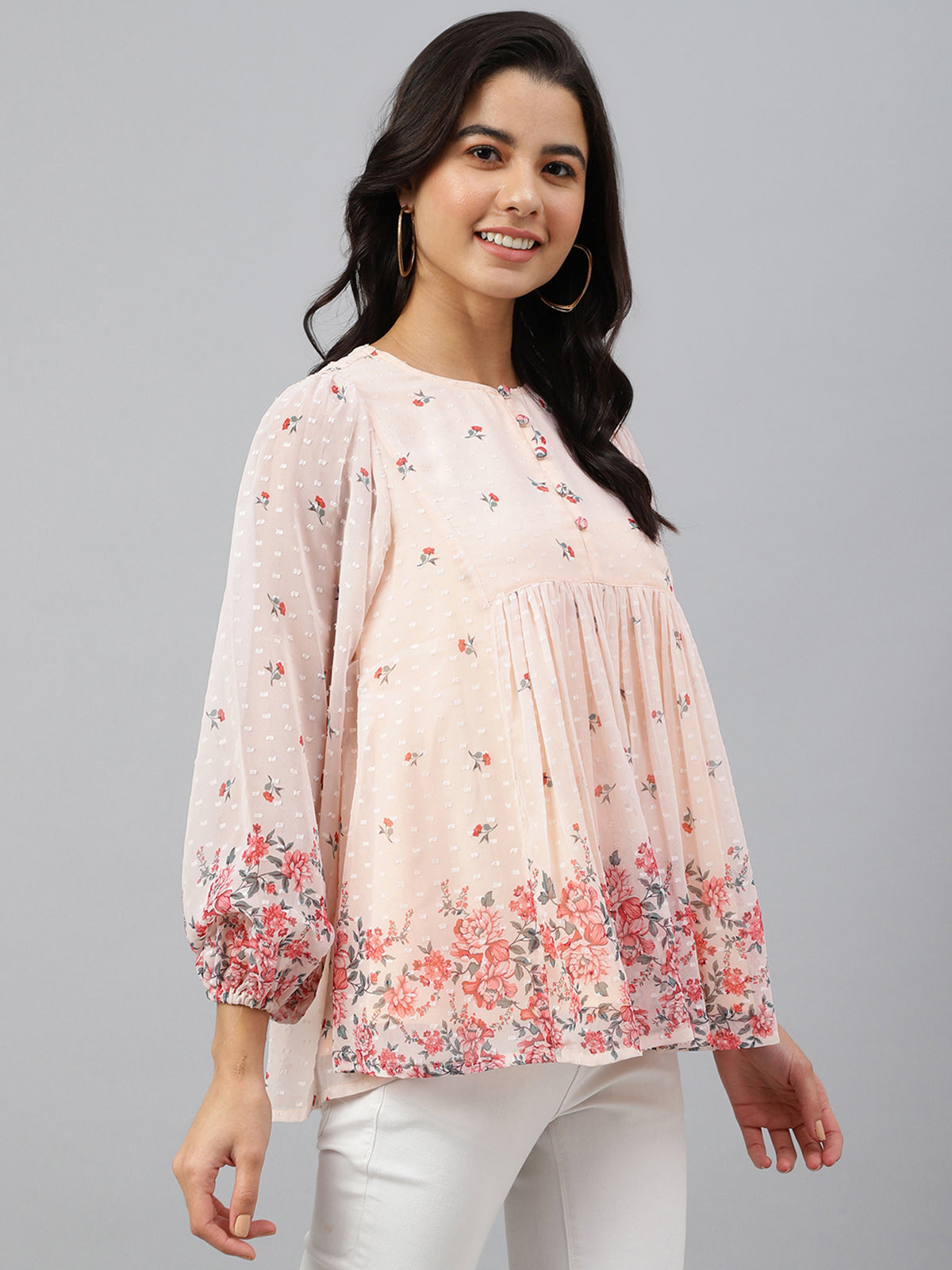 Peach Georgette Floral Print Flared Top