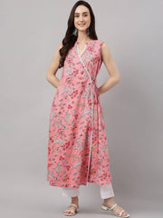 Women's Pink Cotton Floral Print Angrakha Kurta