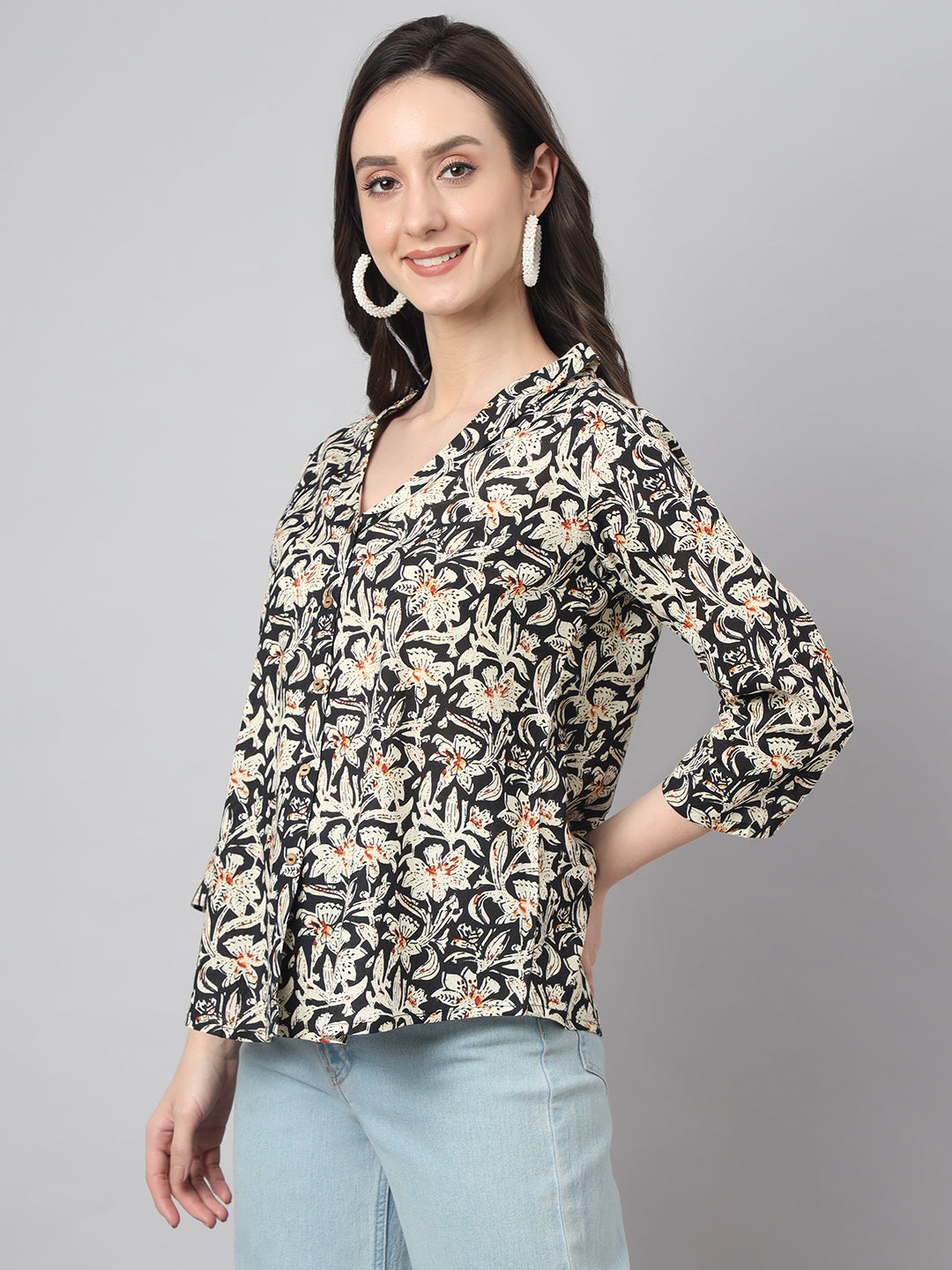 Black Cotton Floral Print Top