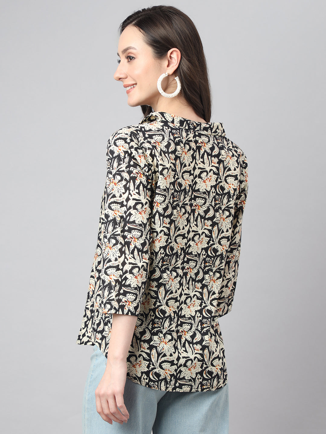 Black Cotton Floral Print Top