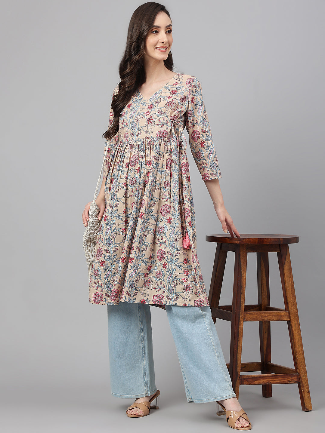 Beige Cotton Floral Print Angrakha Kurta