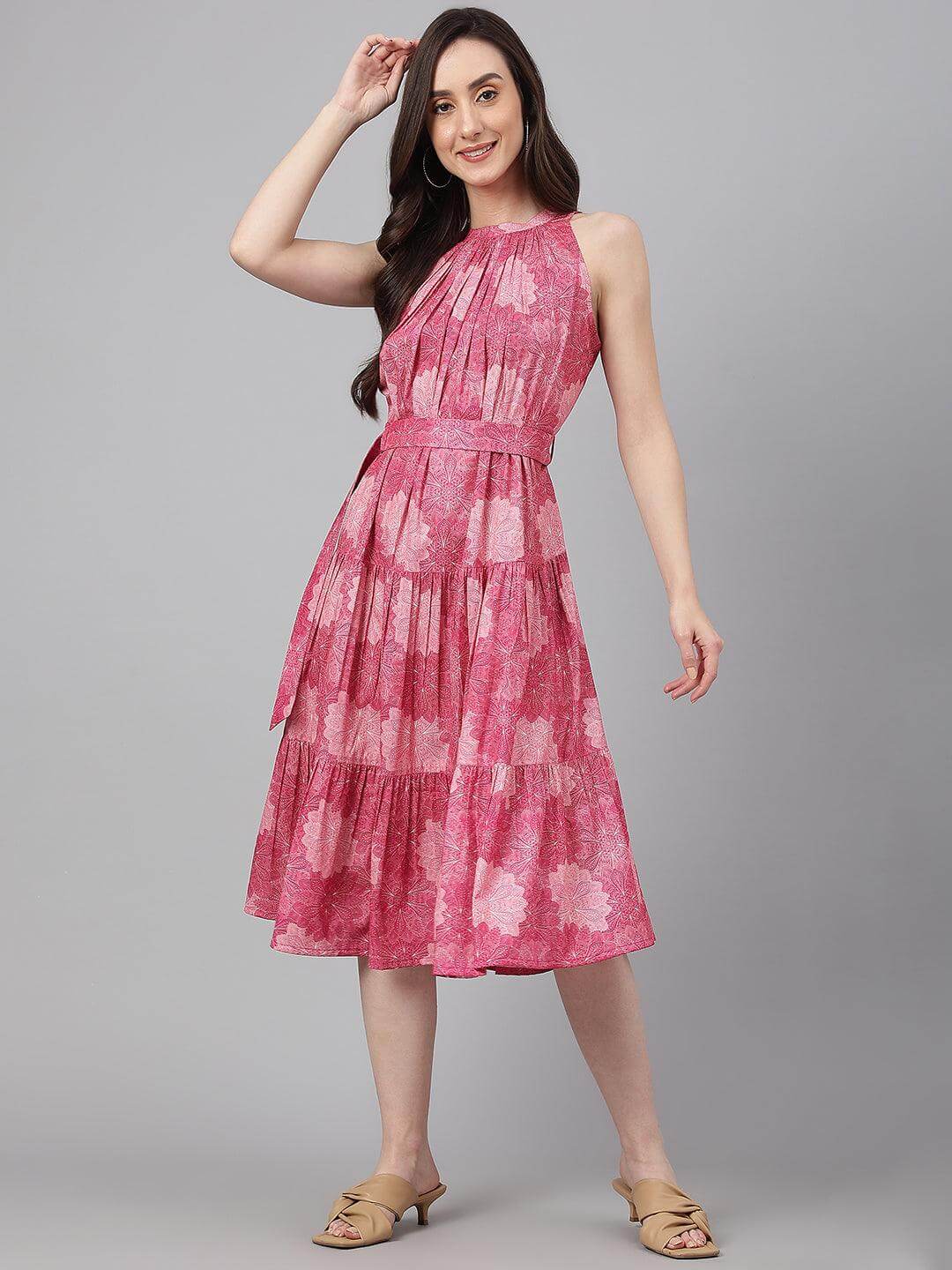 Pink Crepe Digital Print Tiered Western Dress