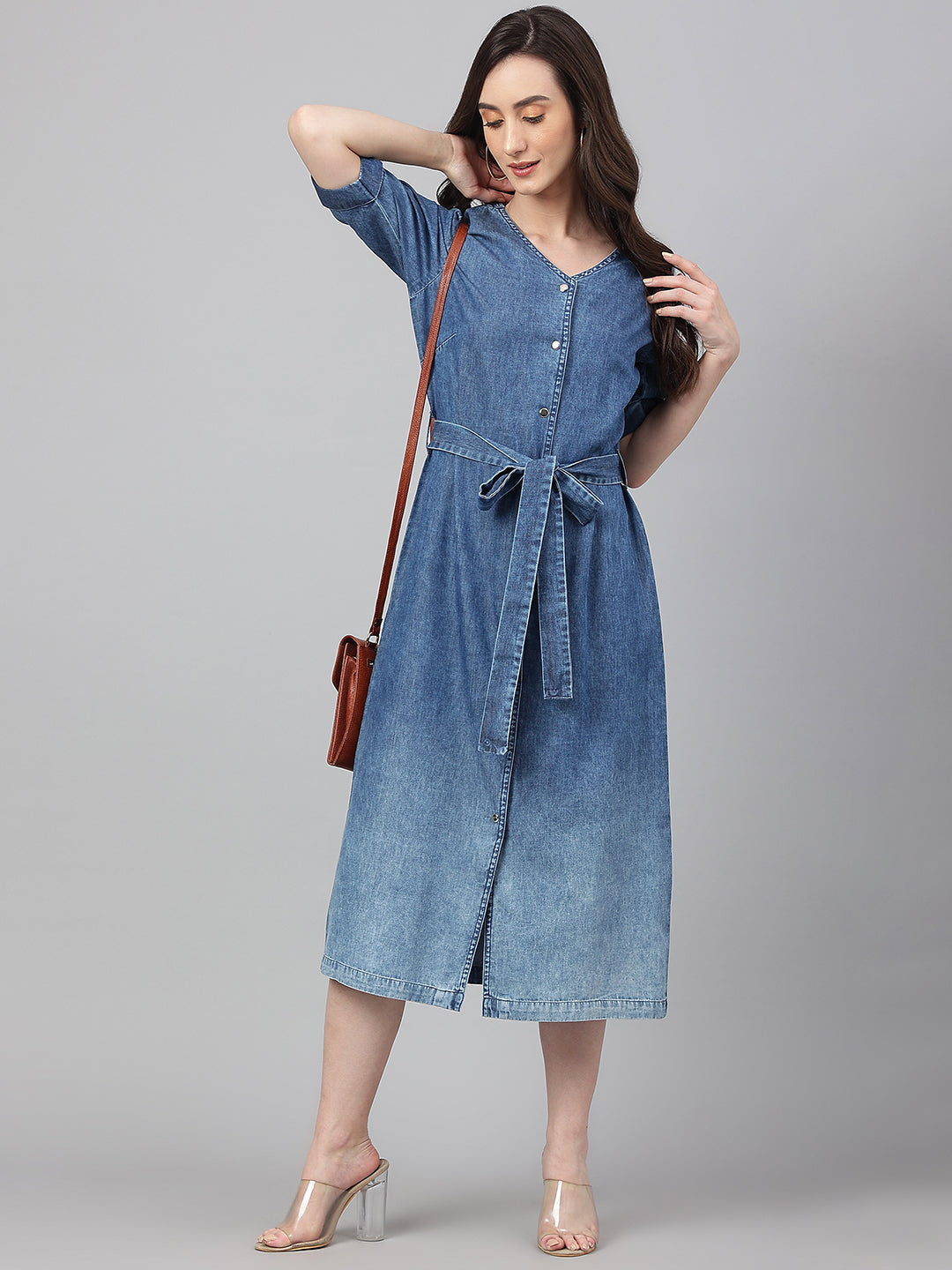 Blue Denim Solid Straight Western Dress