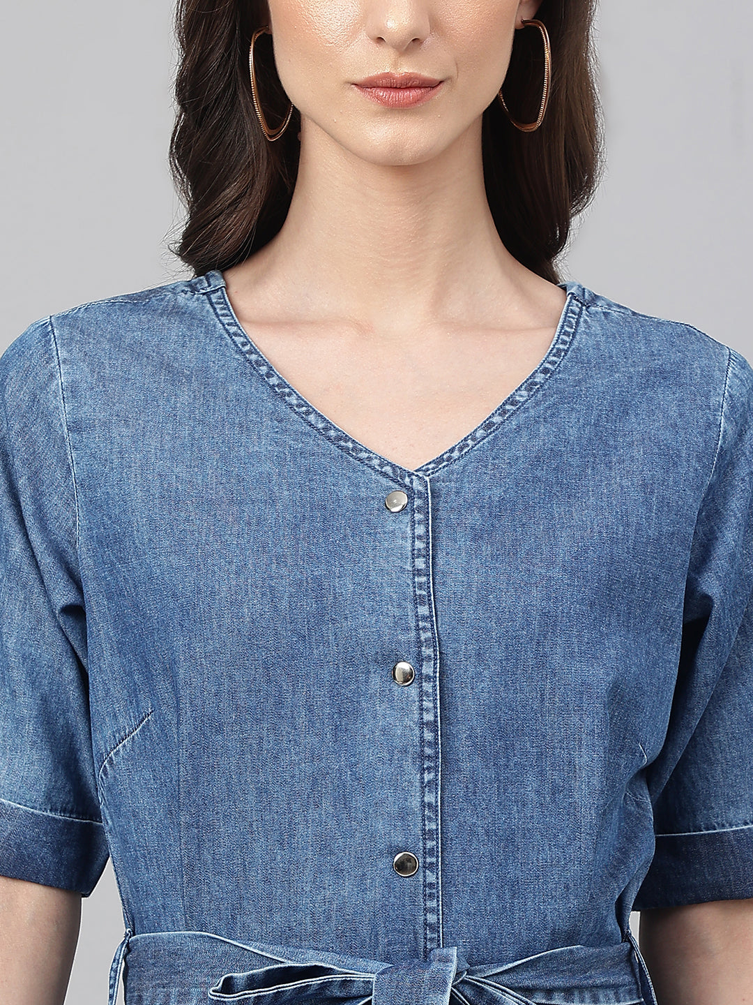 Blue Denim Solid Straight Western Dress