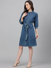 Blue Denim Solid Straight Western Dress