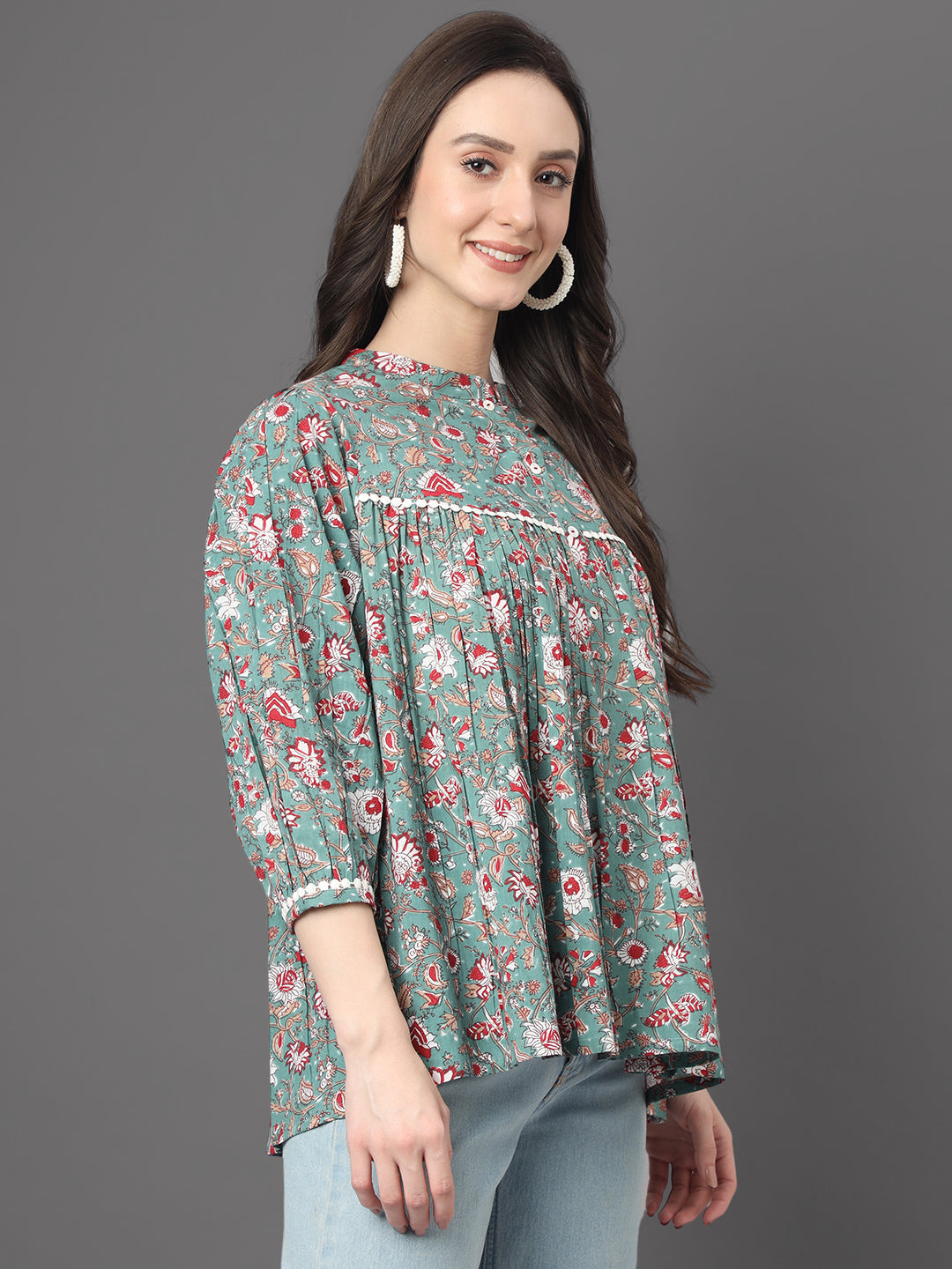 Green Cotton Botanical Print Empire Top