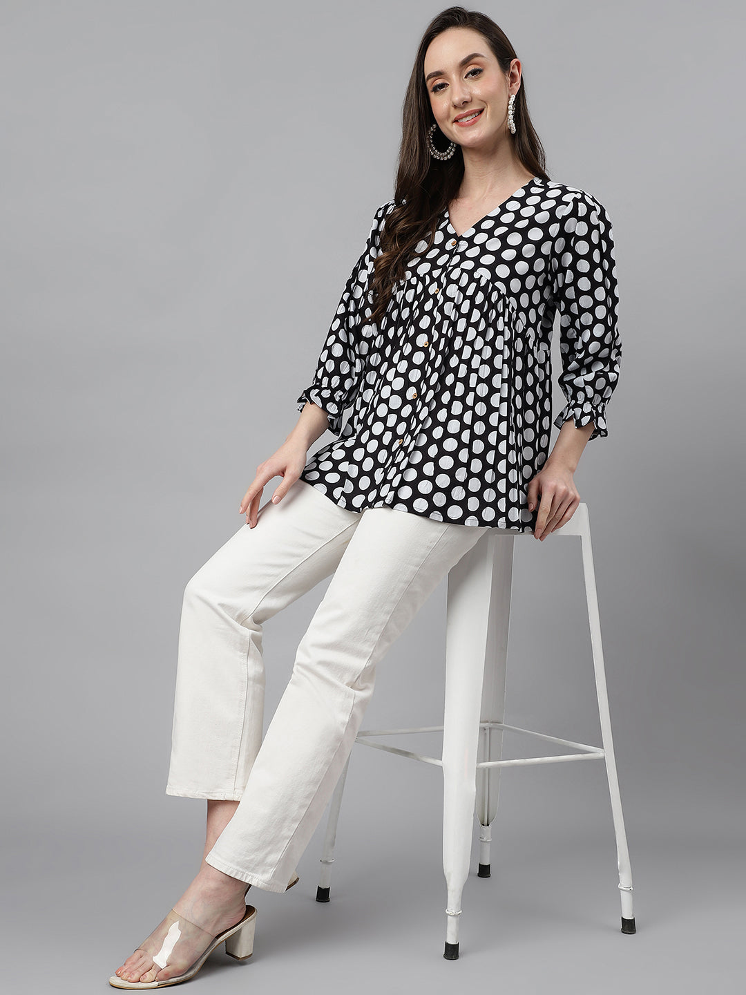 Black Cotton Polka Print Peplum Top