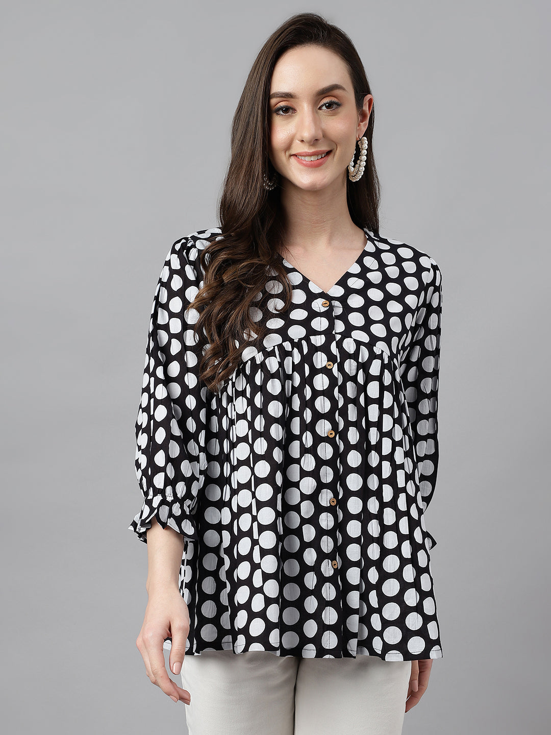 Black Cotton Polka Print Peplum Top