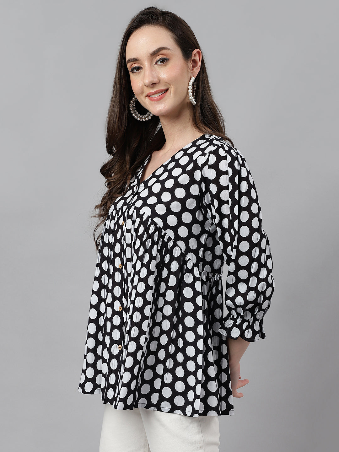 Black Cotton Polka Print Peplum Top