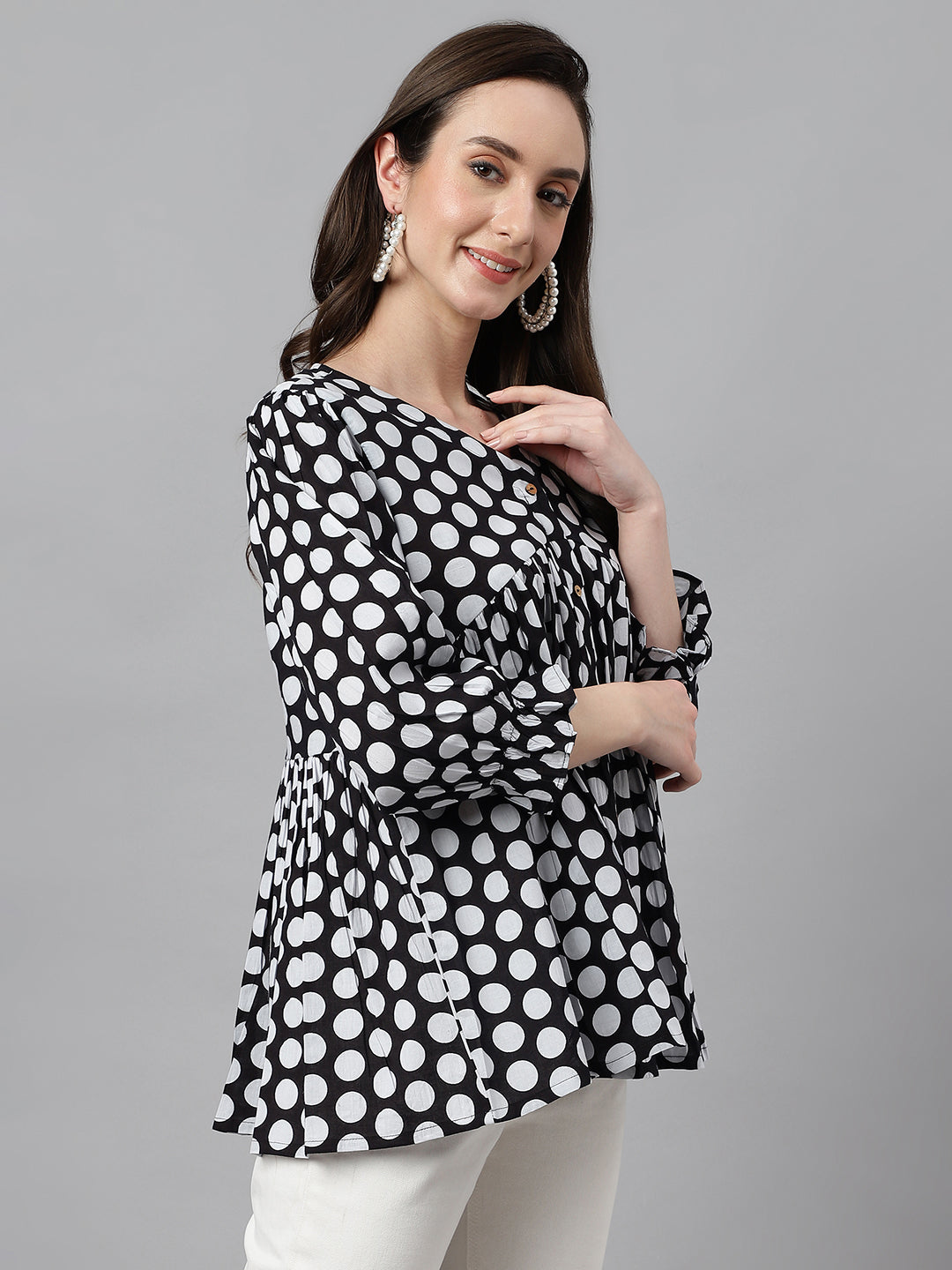 Black Cotton Polka Print Peplum Top