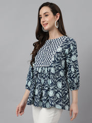 Women's NavyBlue Cotton Floral Print Gathered Top