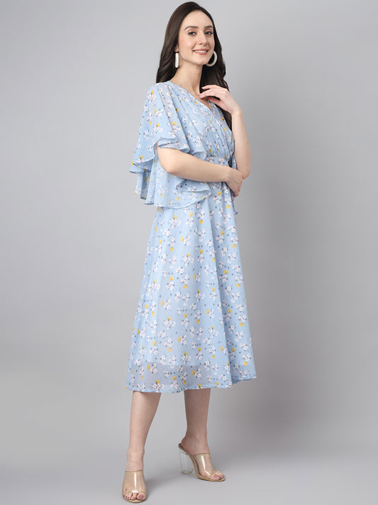 Women's Blue Georgette Floral Print Flared Western Dress