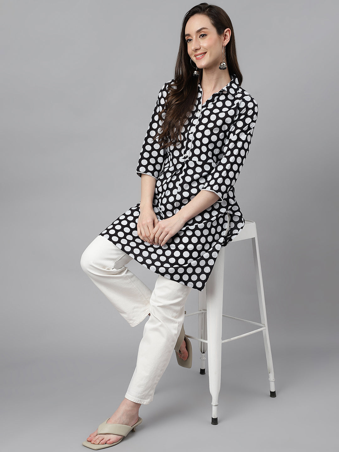 Black Cotton Polka Print A-Line Tunic