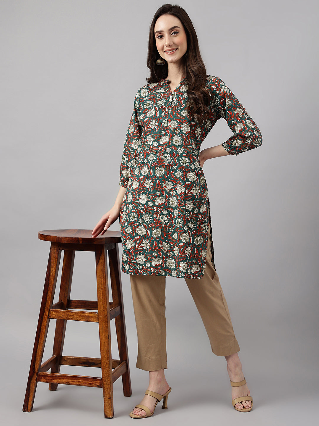 Women's DarkGreen Cotton Floral Print Regular Tunic