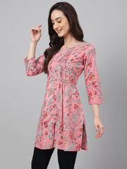 Pink Cambric Cotton Floral Print Gathered Tunic