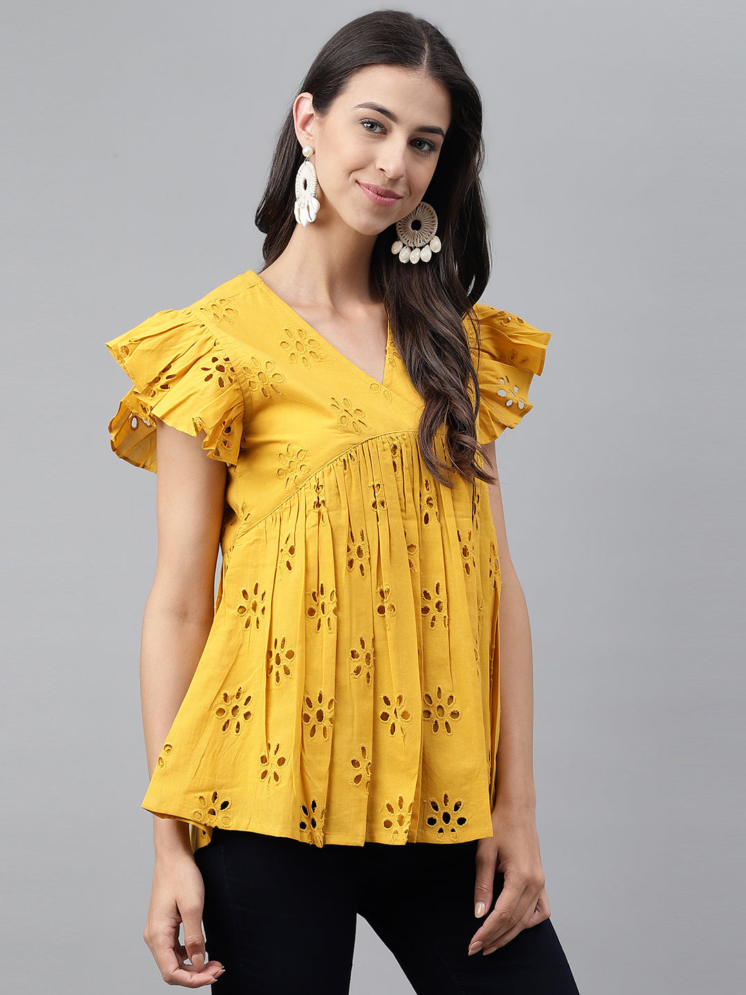 Mustard Cotton Schiffli Gathered Top