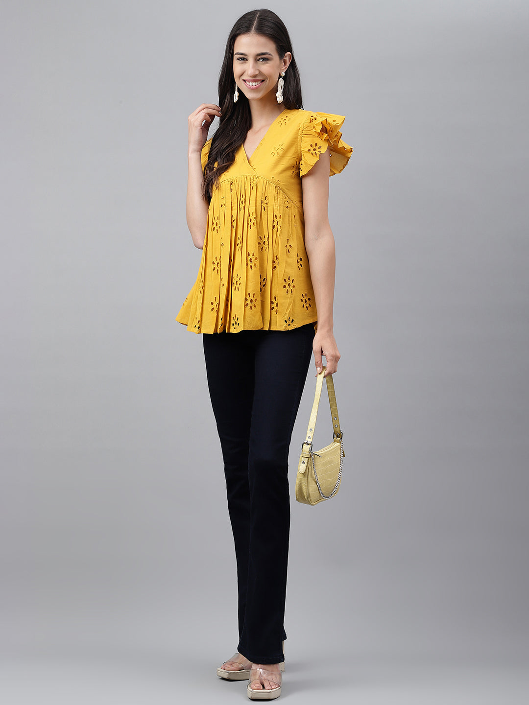 Mustard Cotton Schiffli Gathered Top