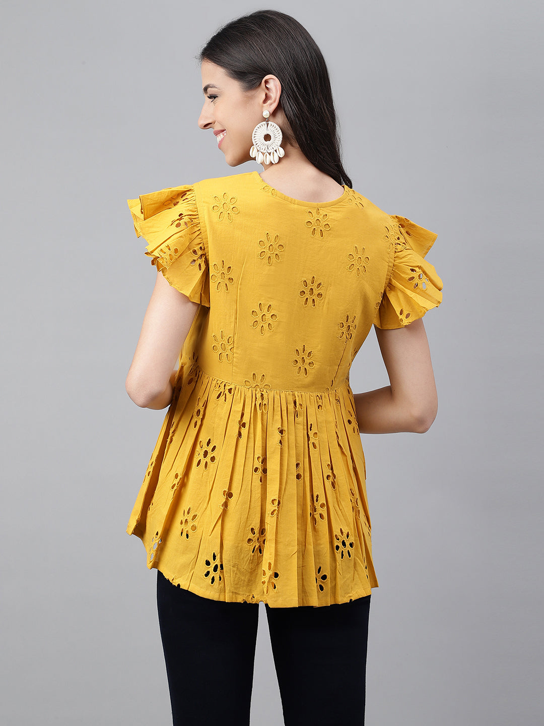 Mustard Cotton Schiffli Gathered Top