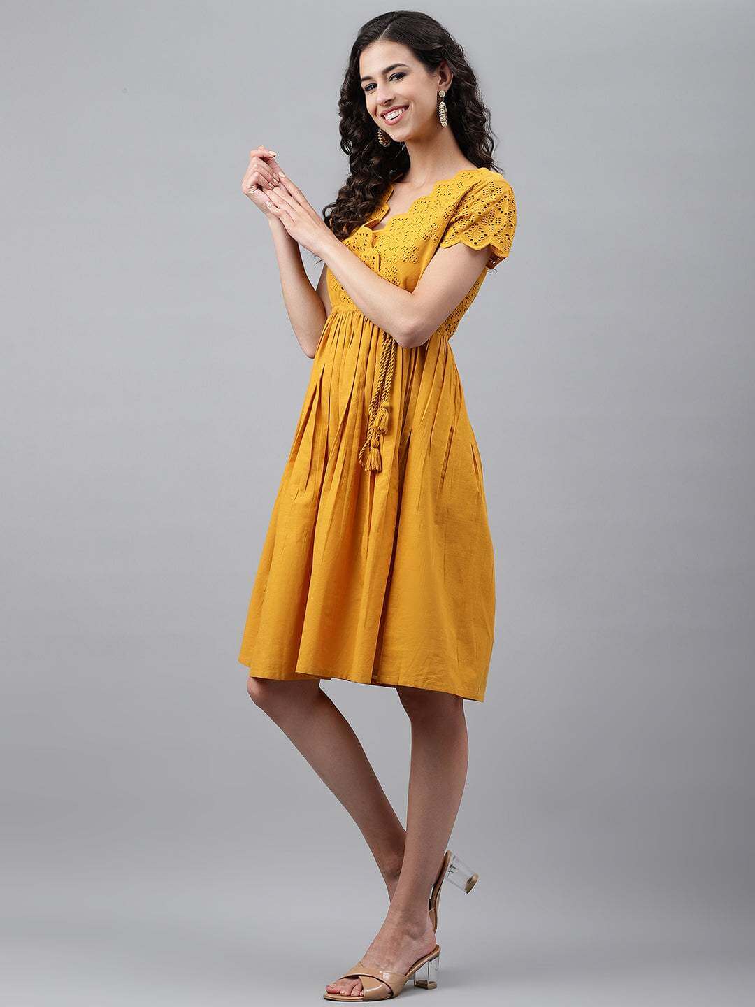 Yellow Cotton Schiffli Flared Dress