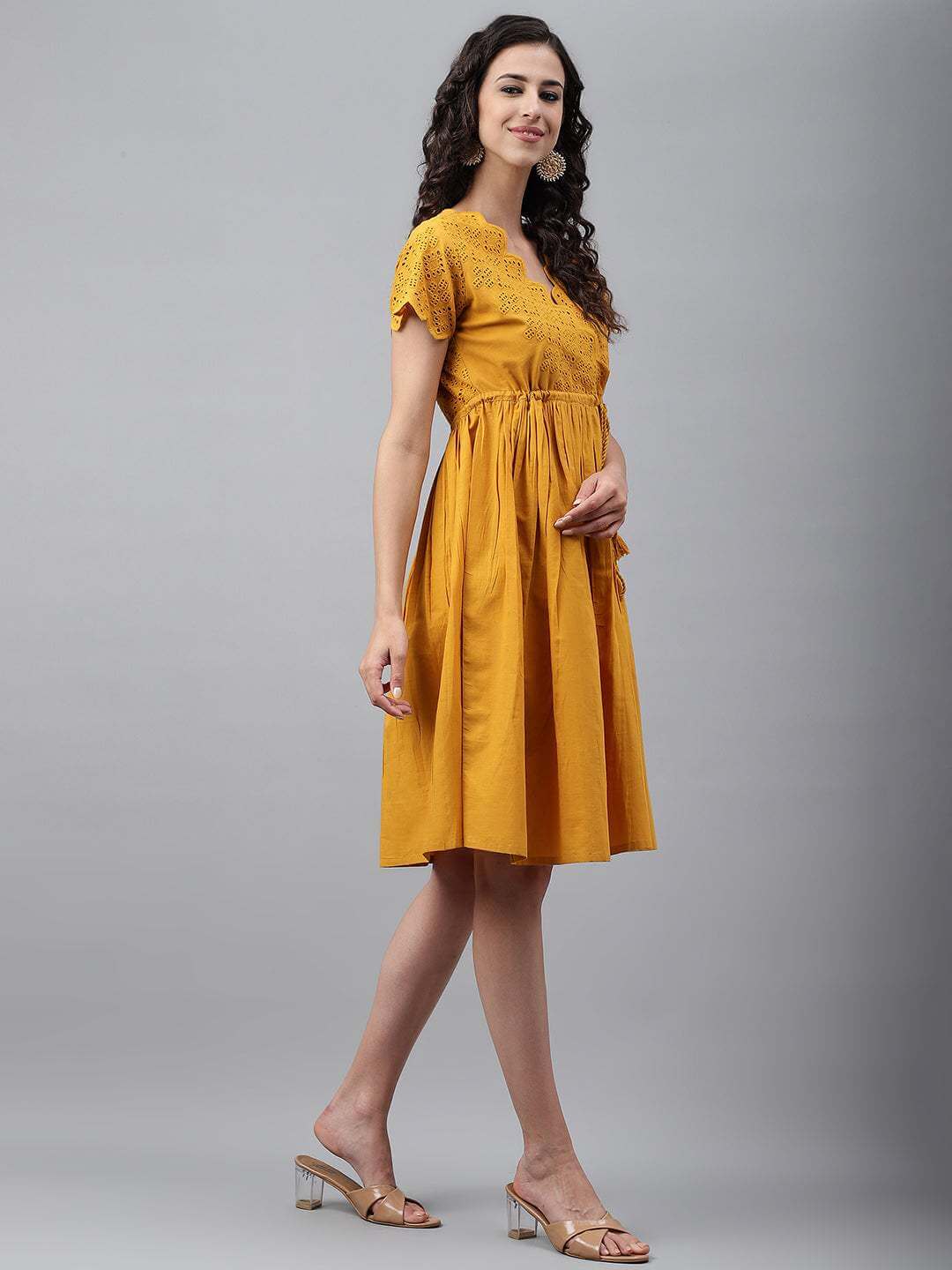 Yellow Cotton Schiffli Flared Dress