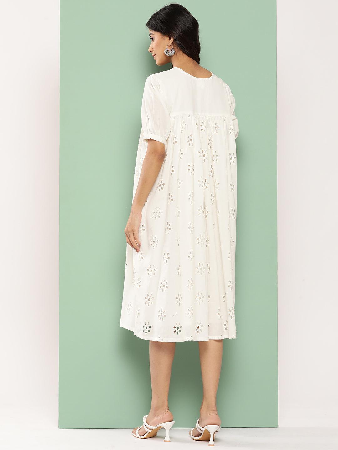 White Cotton Schiffli Empire Dress –