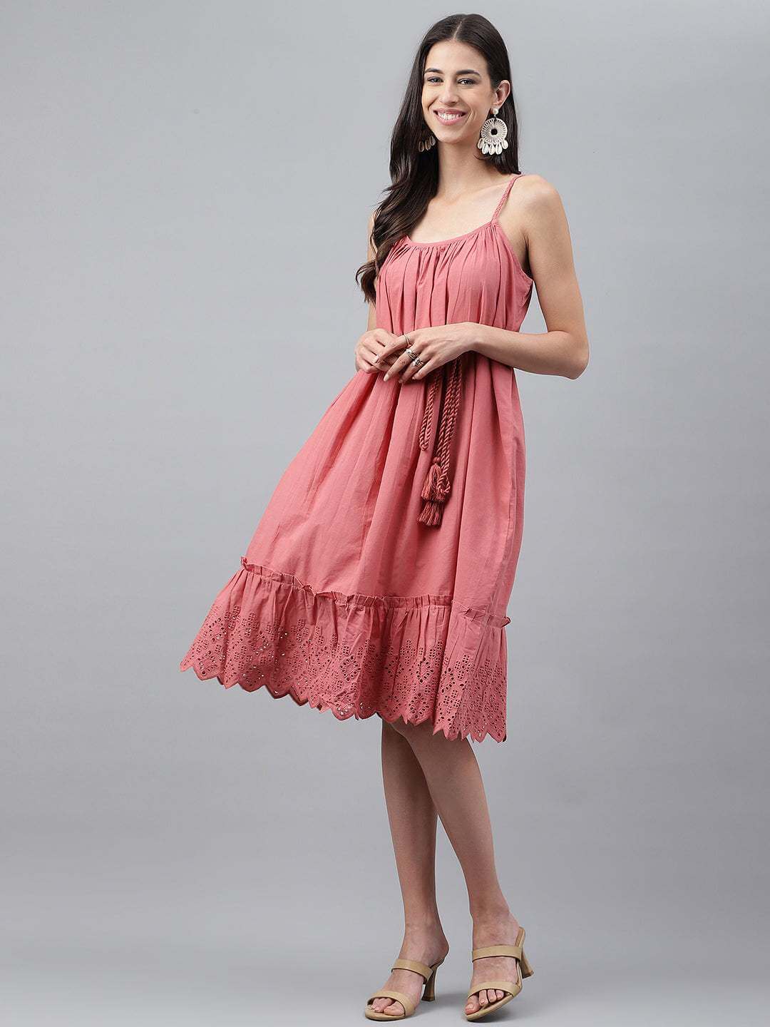 Pink Cotton Schiffli Flared Dress