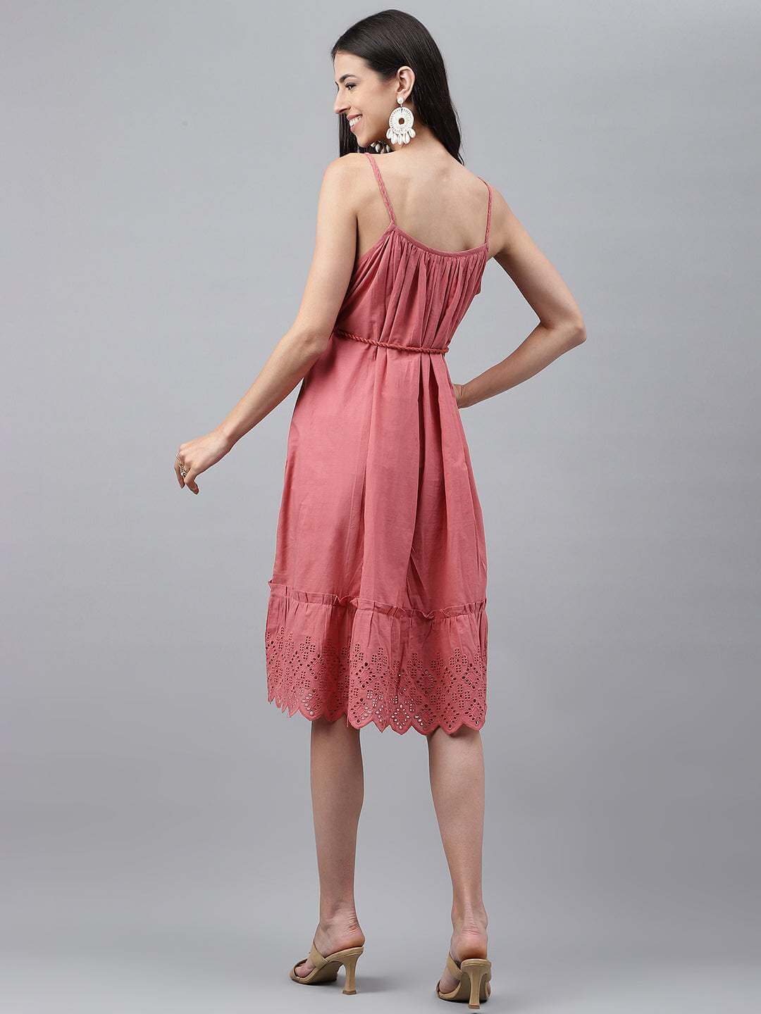 Pink Cotton Schiffli Flared Dress